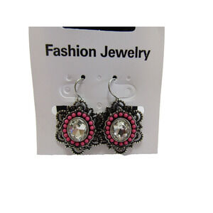 Silver Pink Geometric Rhinestone Bead Hook‎ Dangly Earrings Boho